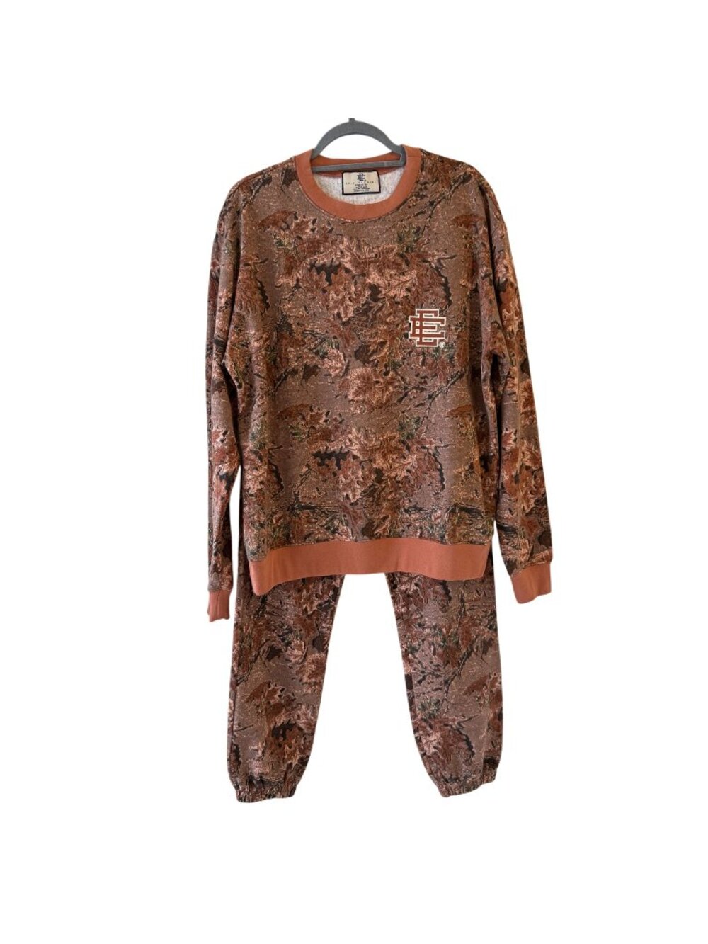 Eric Emanuel Size M Orange Leafy Camo Crewneck Sweatshirt & Sweatpants Set